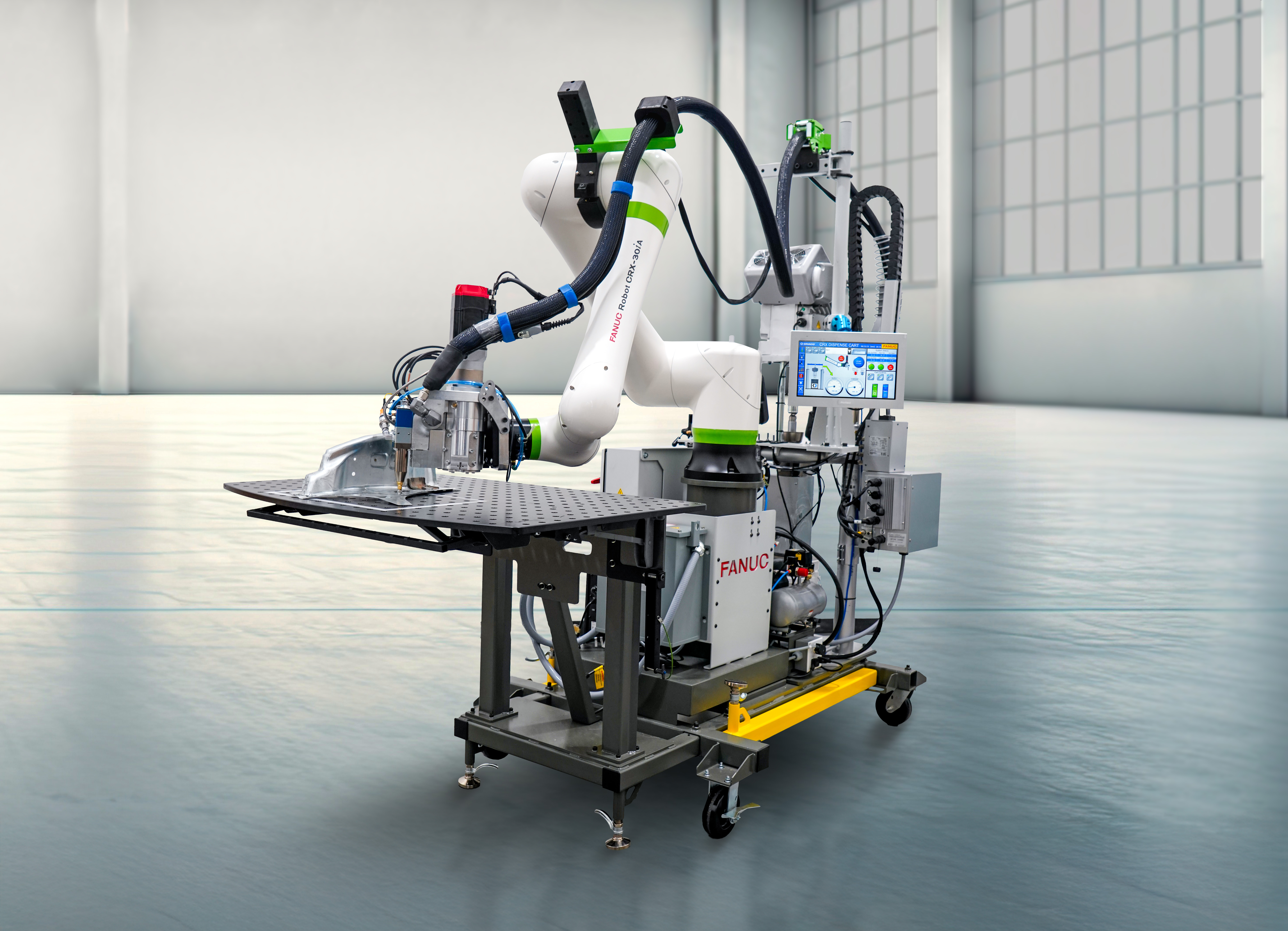 FANUC America's CRX-30iA Collaborative Mobile Dispense Cart with Graco continuous flow metering pump