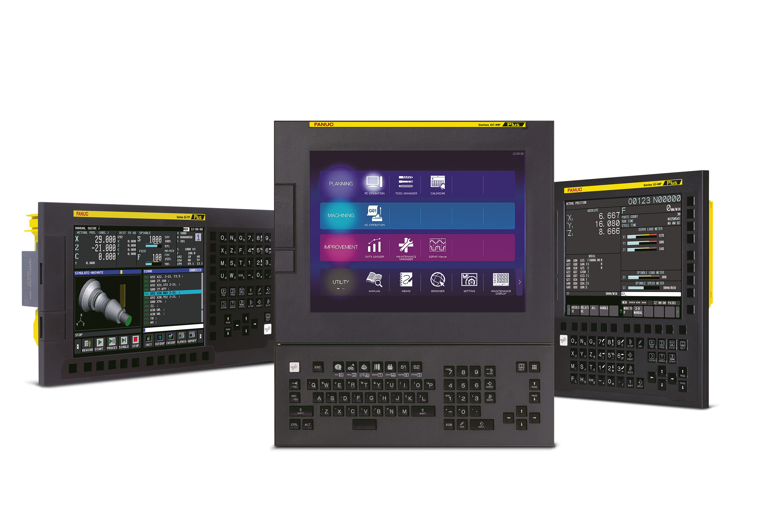 Three black FANUC CNC control panels with keyboards, each displaying different screens including a machining status menu and a purple app-style home screen.