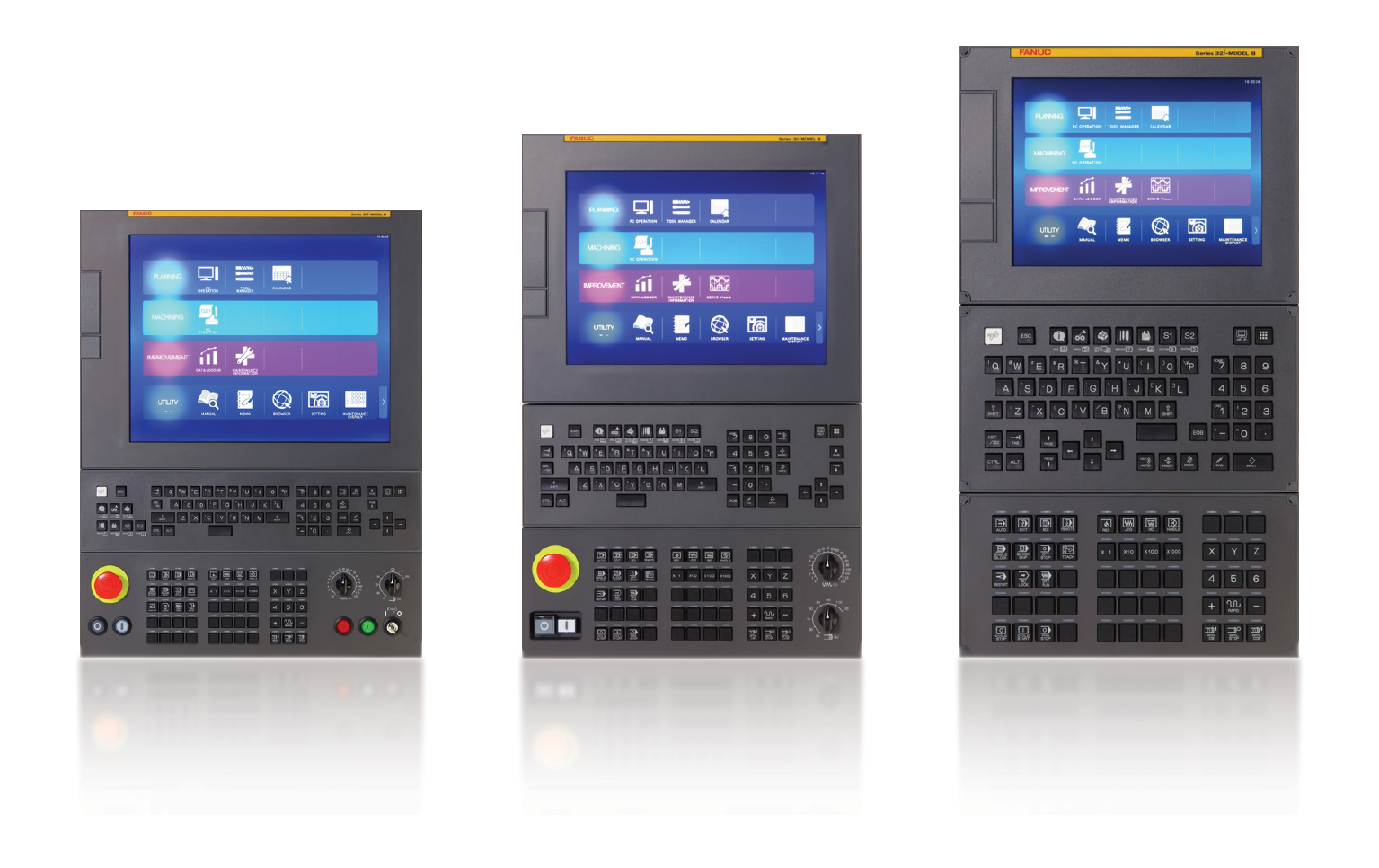 Three black FANUC CNC control panels of varying sizes, each displaying a purple app-style home screen with icons, arranged side by side with red emergency stop buttons.