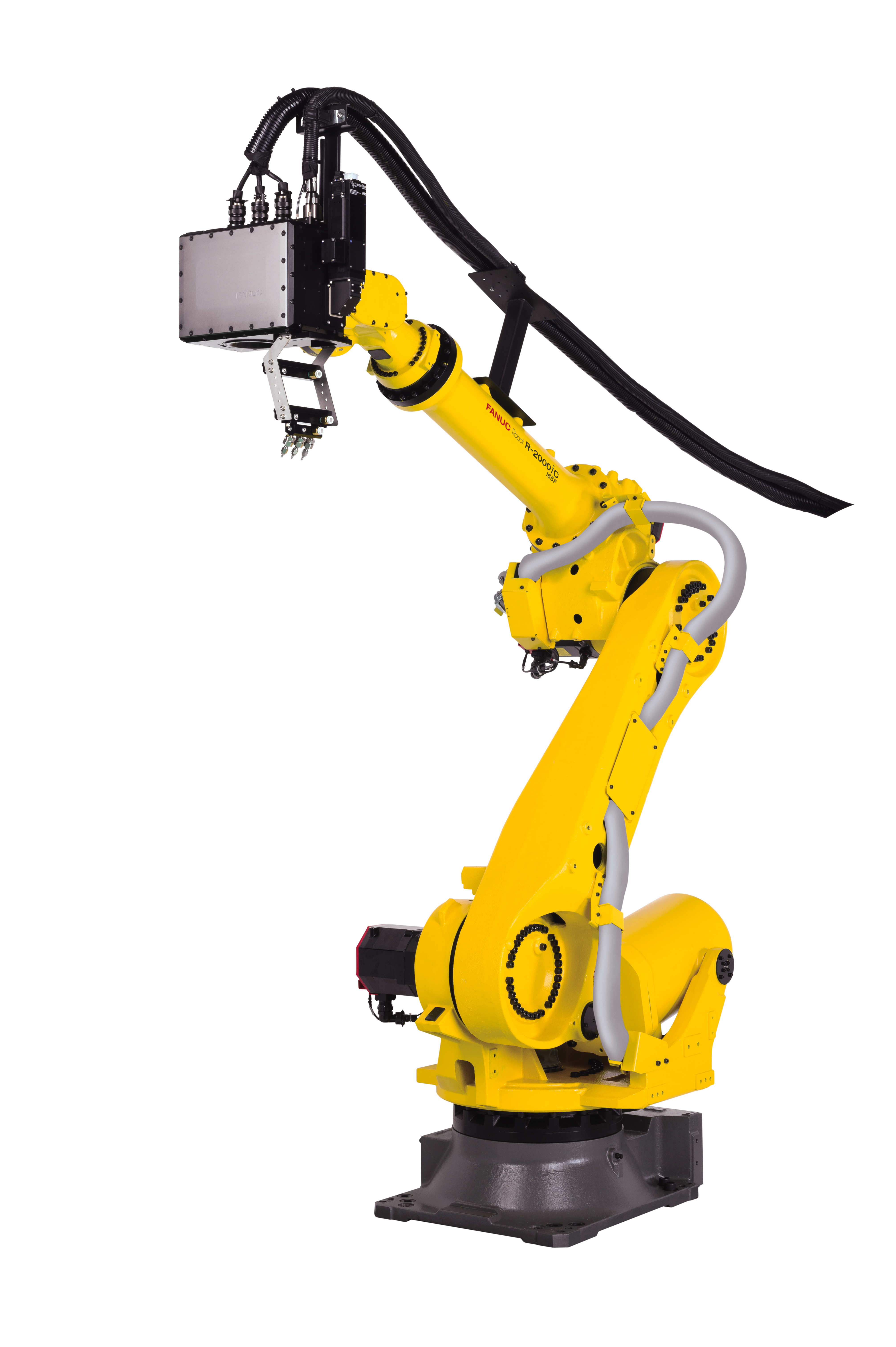 A yellow Fanuc industrial robotic arm on a gray base, equipped with an end-effector tool and cable bundle, photographed against a plain white background.