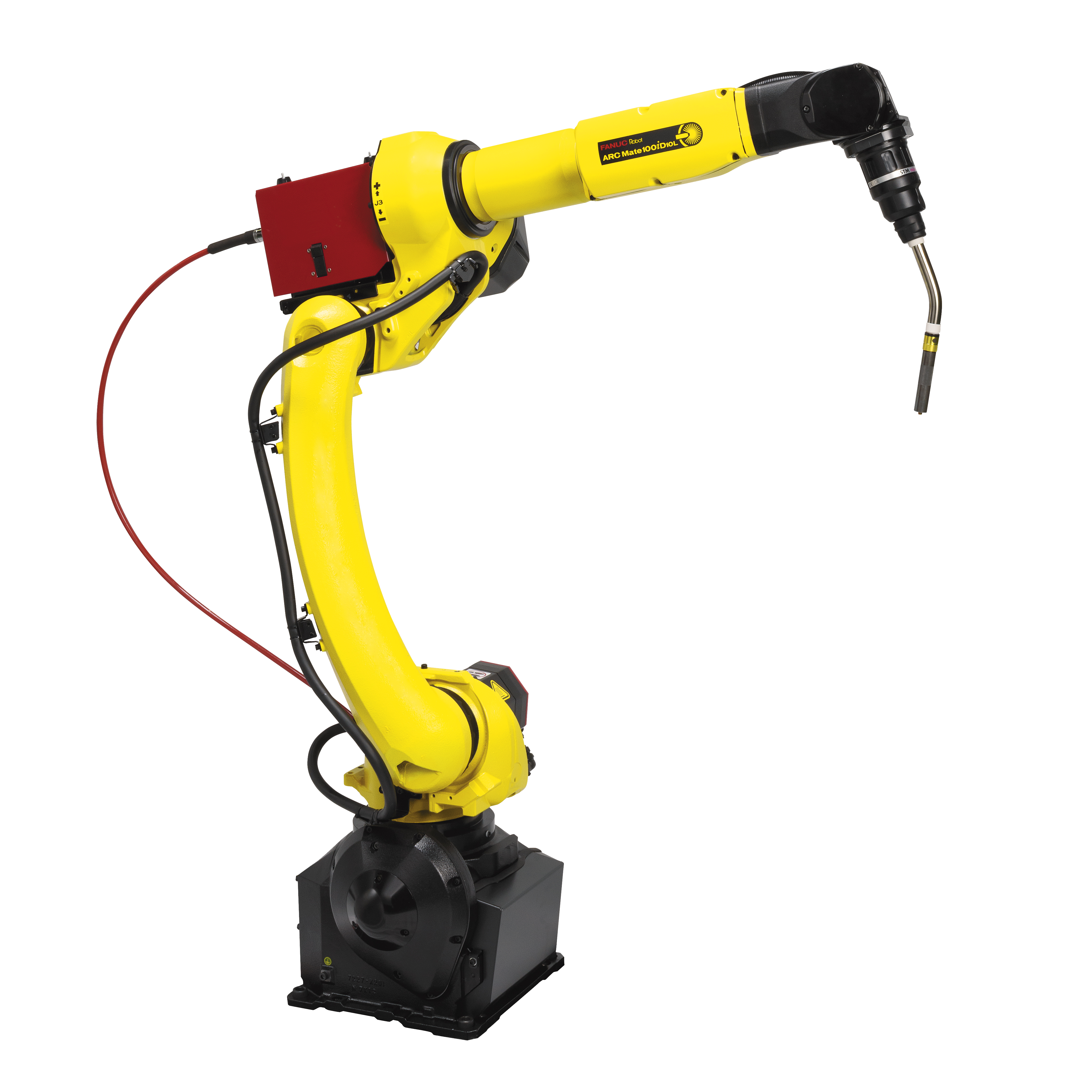 Yellow FANUC ARC Mate 100iD/10L welding robotic arm with a mounted welding torch and cabling, on a black base.