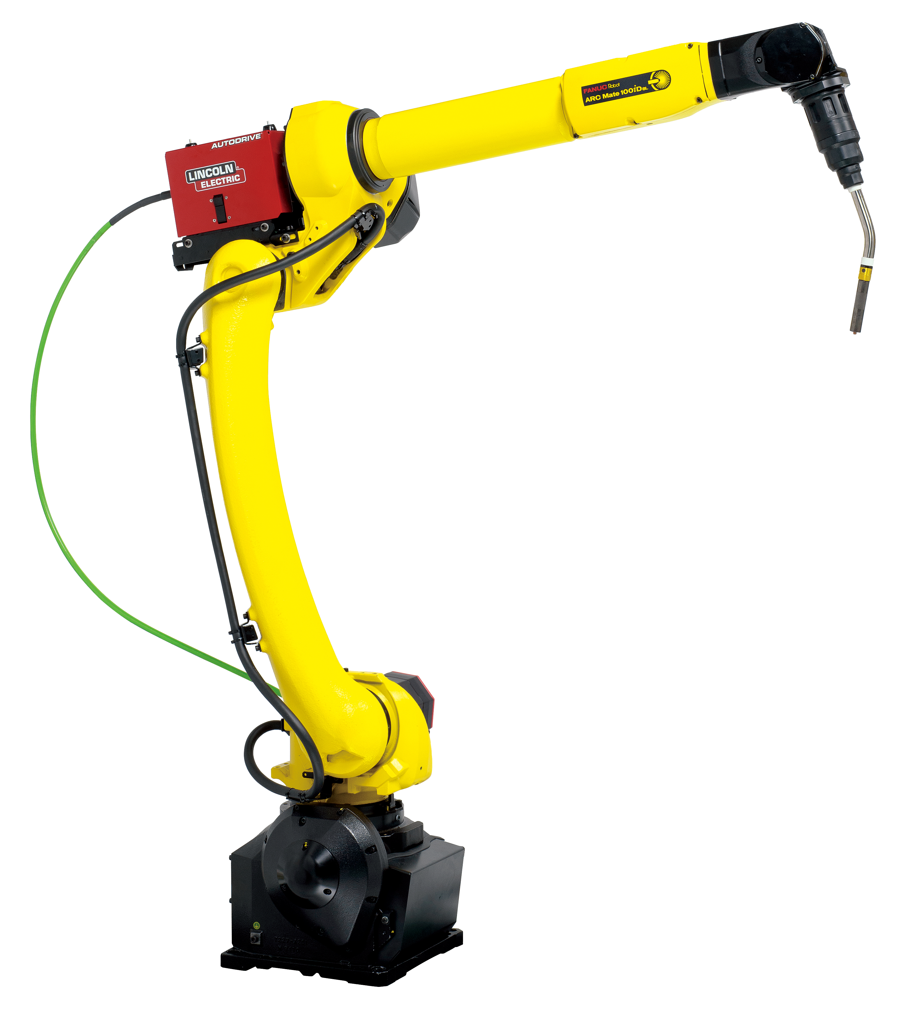 FANUC ArcMate 100iD robotic welding arm in yellow, equipped with a Lincoln Electric AutoDrive wire feeder and MIG welding torch