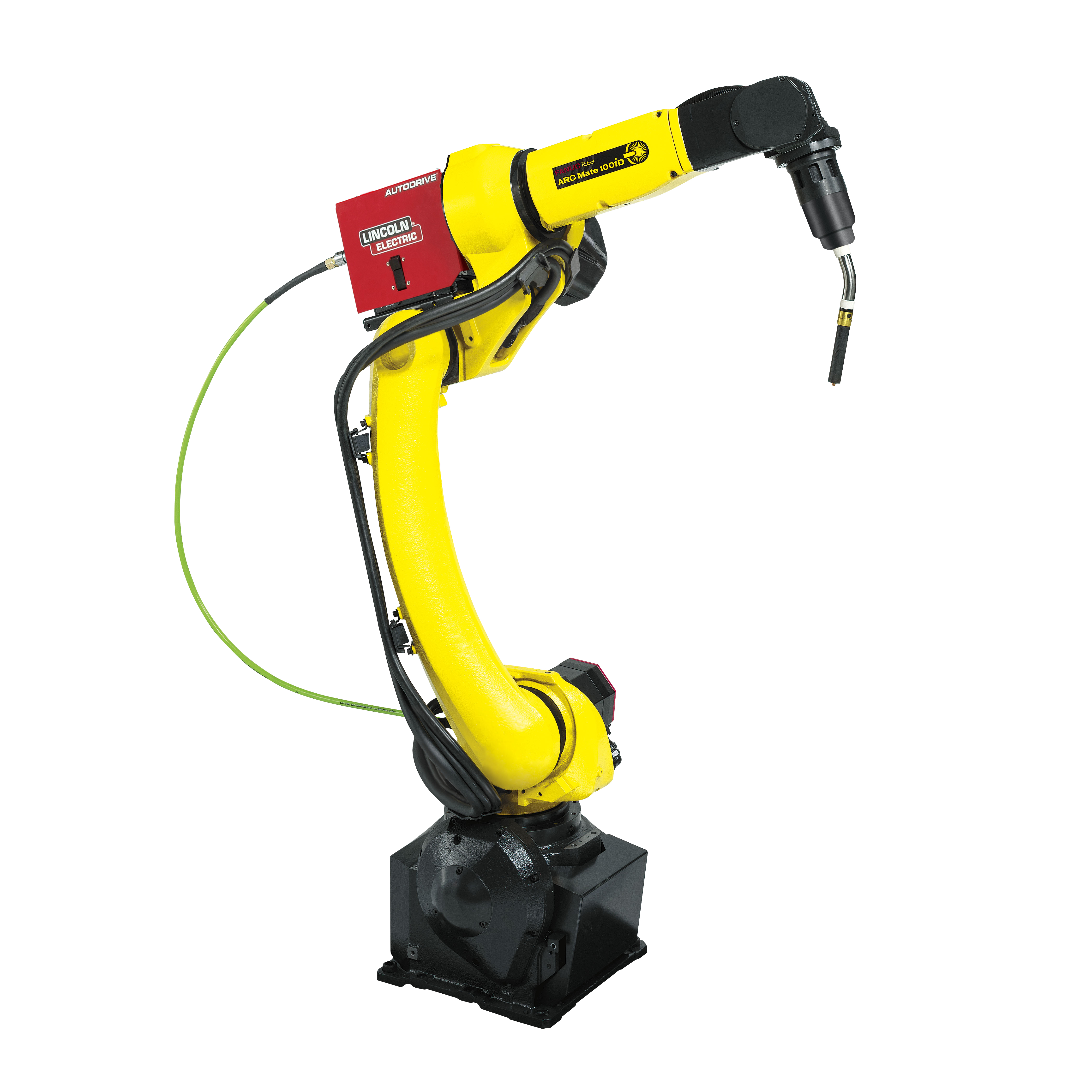 Yellow FANUC robotic ARC Mate 100iD welding arm with a Lincoln Electric AUTODRIVE wire feeder mounted on it and a black welding torch at the end, shown against a white background.