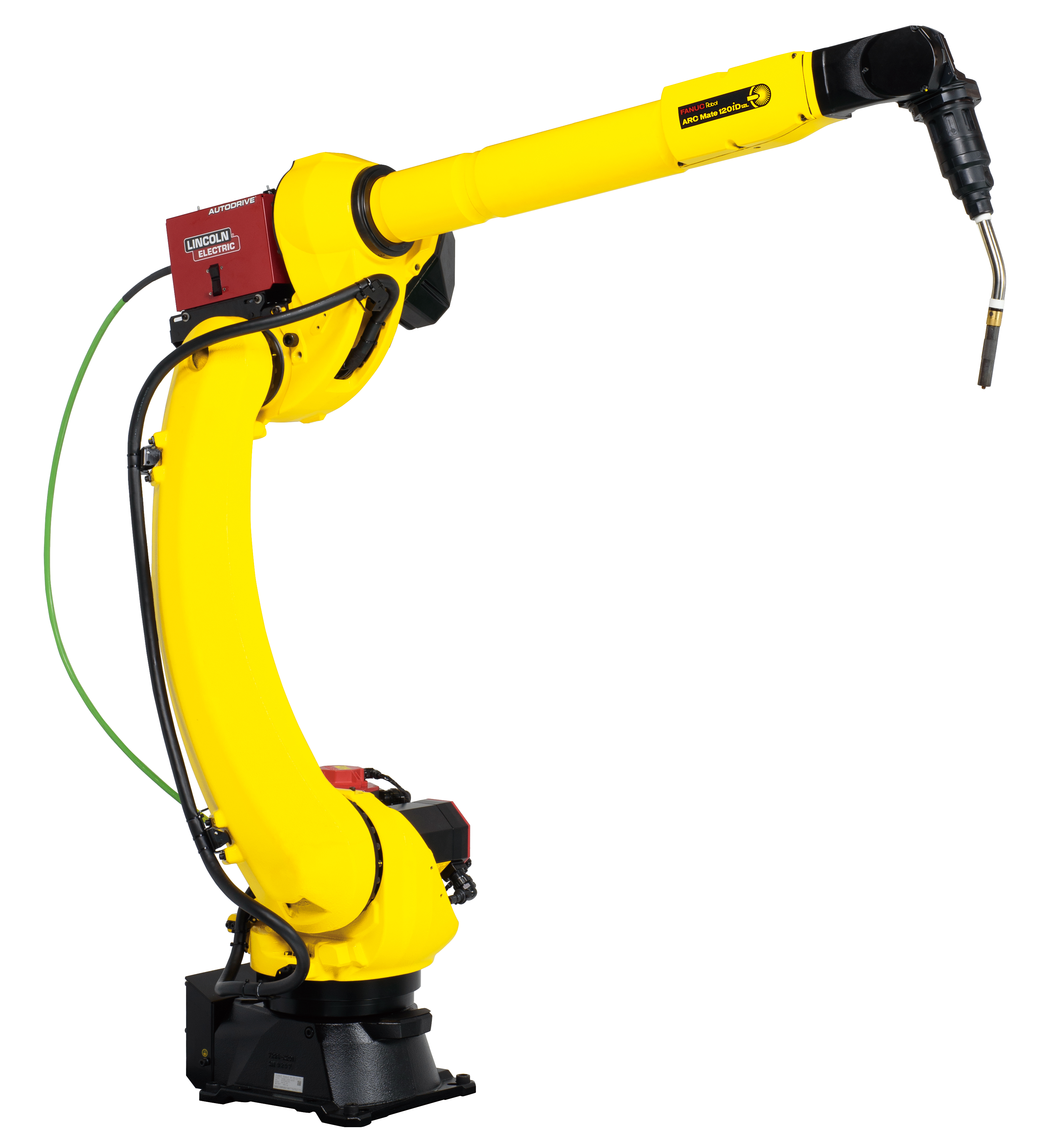 Yellow FANUC ARC Mate 120iD/12L robotic welding arm with a Lincoln Electric AUTODRIVE wire feeder and black welding torch, shown against a white background with its arm extended horizontally to the right.