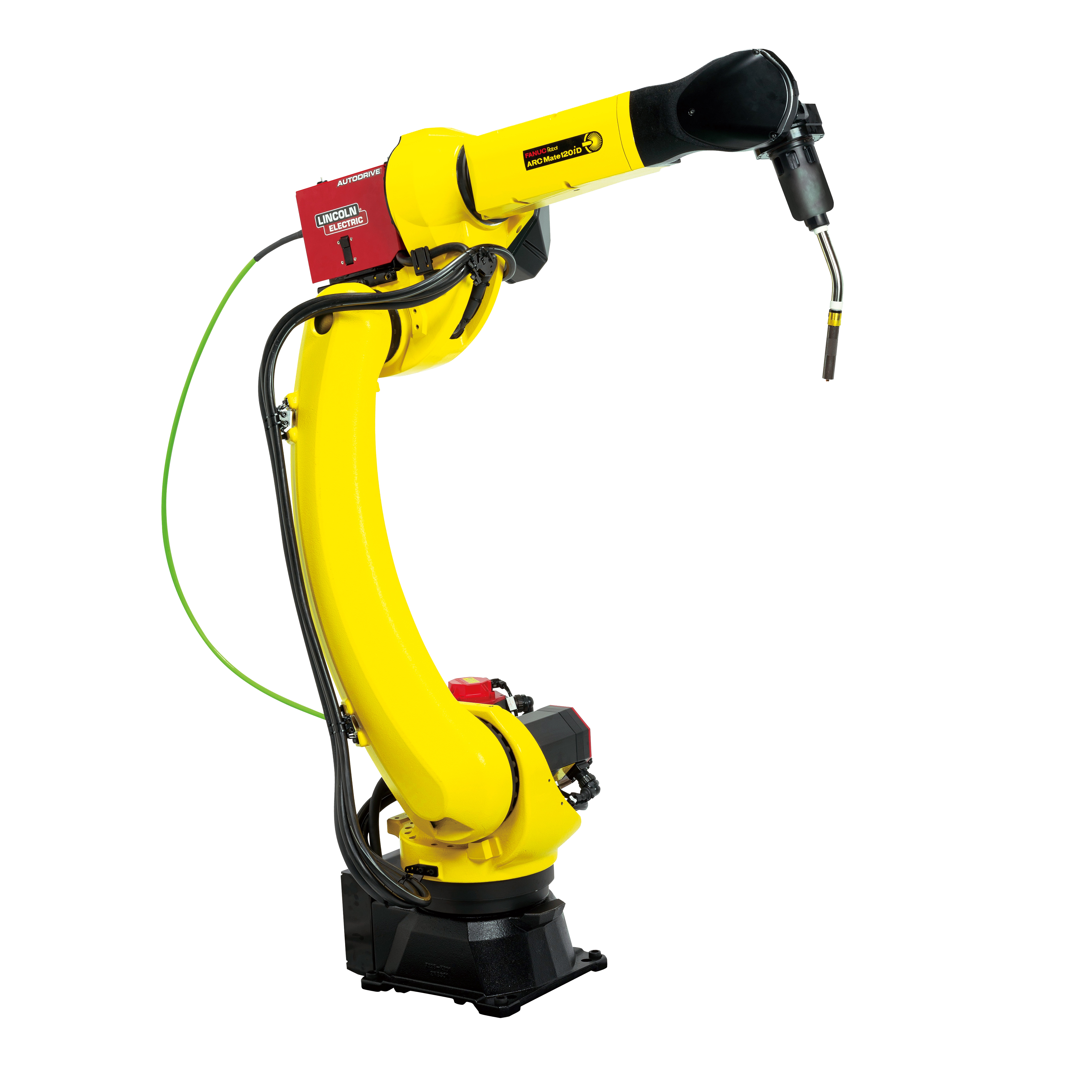FANUC ARC Mate 120iD industrial welding robot arm in yellow, featuring an integrated Lincoln Electric AutoDrive system and an attached arc welding torch