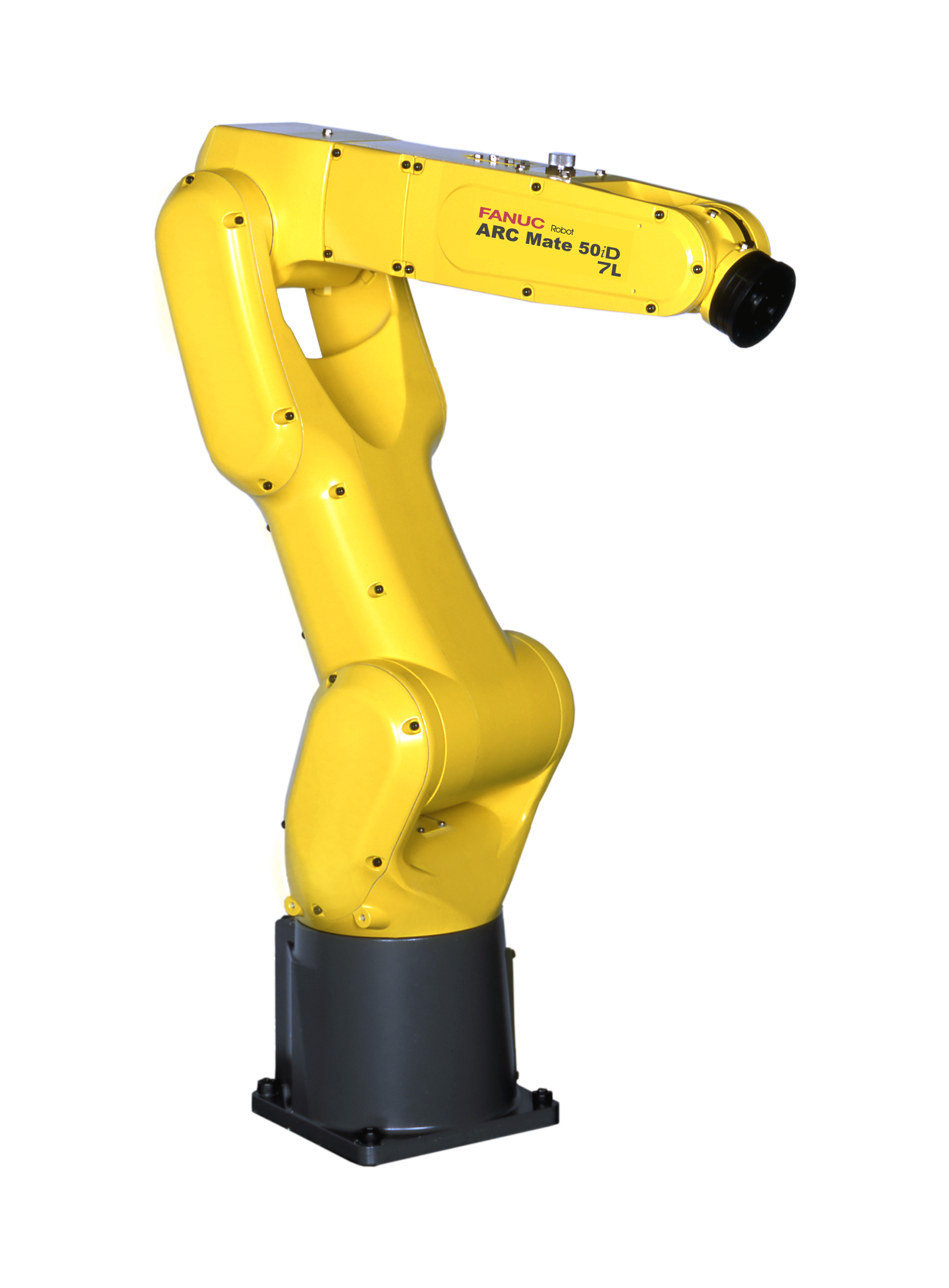 FANUC ARC Mate 50iD/7L yellow six-axis industrial robotic arm on a dark pedestal base.