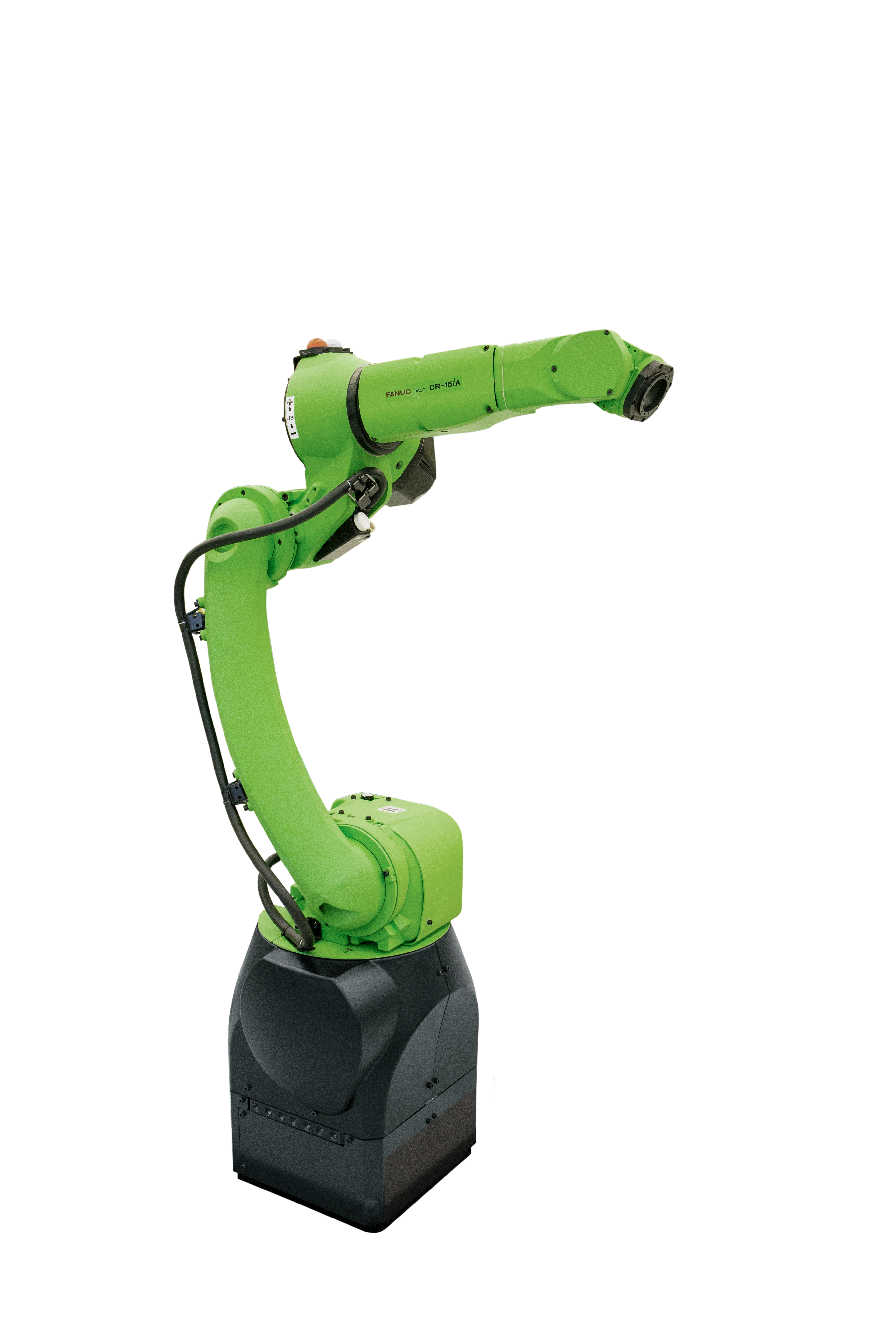 Green and black FANUC collaborative robotic CR-15iA arm (CR series) mounted on a black base, shown in a curved reaching pose against a white background."