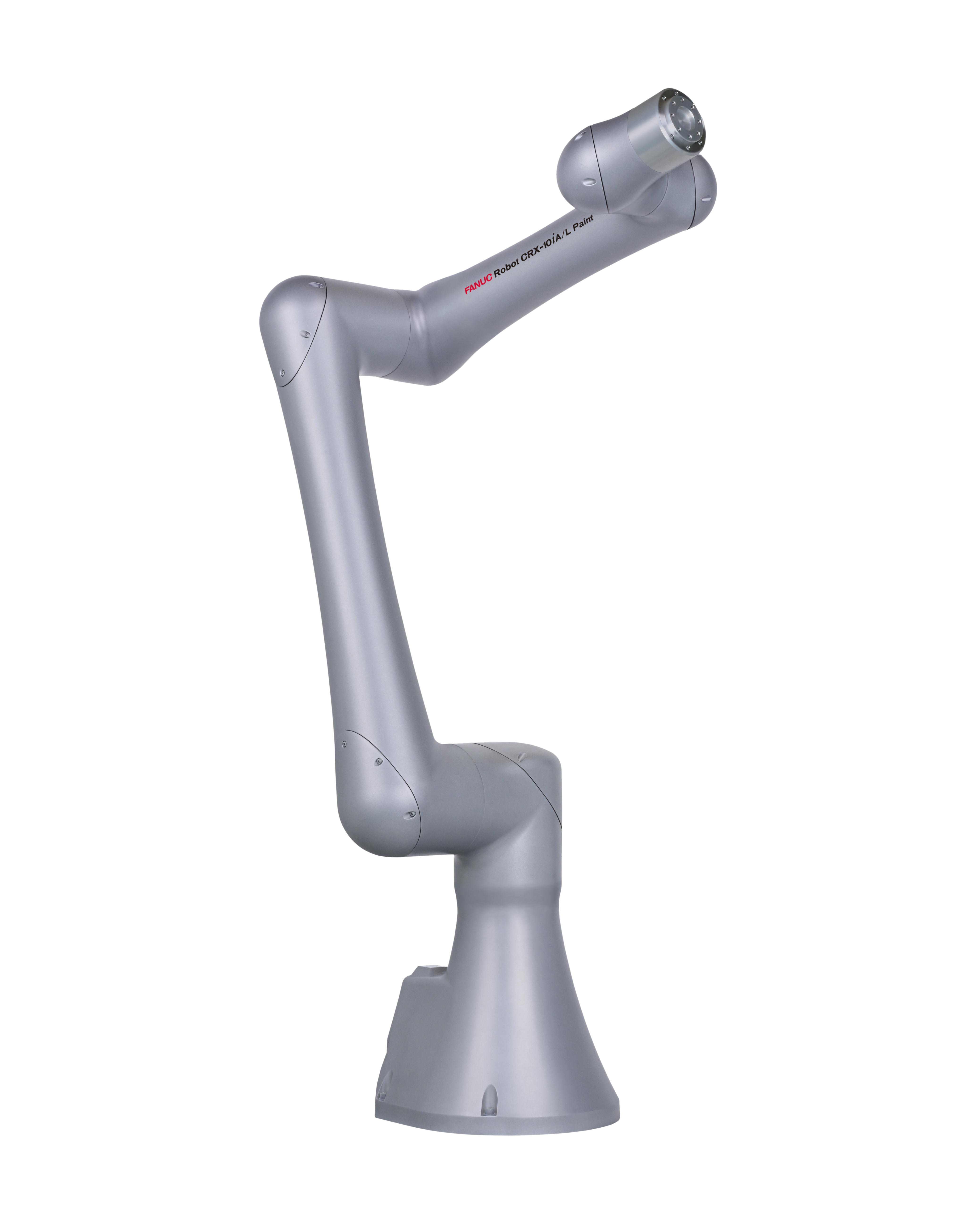 Gray six-axis CRX-10iA/L collaborative robot arm on a pedestal base, curved upward in an S-shaped pose with a cylindrical tool mount at the top, labeled as a FANUC CRX-series paint robot
