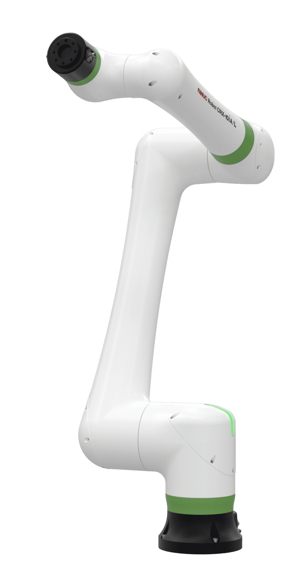 White FANUC CRX CRX-10iA/L-series collaborative robotic arm with green accents on a black base.