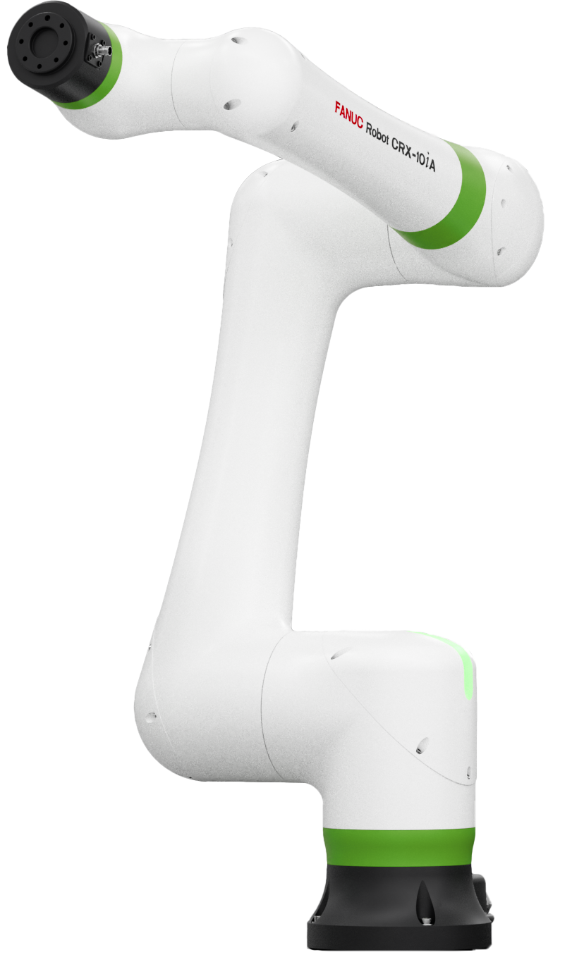White FANUC CRX-series collaborative robotic arm with green accents on a black base.