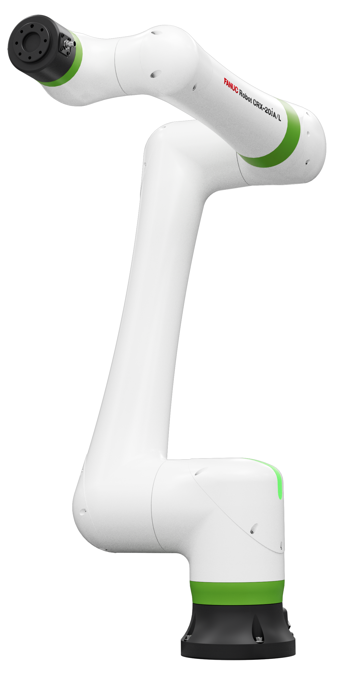 White FANUC CRX-20iA/L collaborative robot arm with green accent rings, shown against a white background with its arm curved upward and to the left.