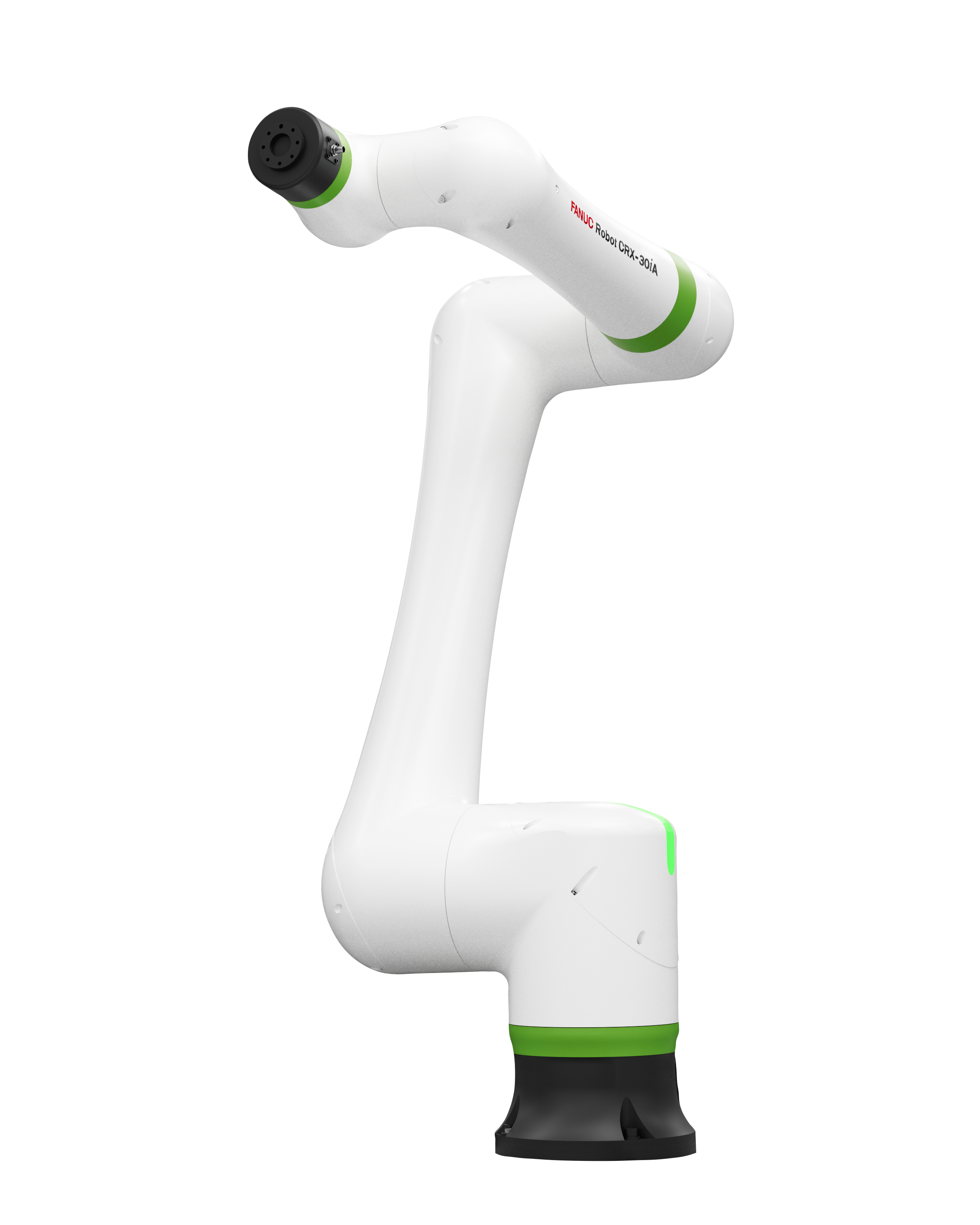 A white FANUC CRX-30iA collaborative robot arm with green accent rings, shown in an upright, extended pose against a plain white background.