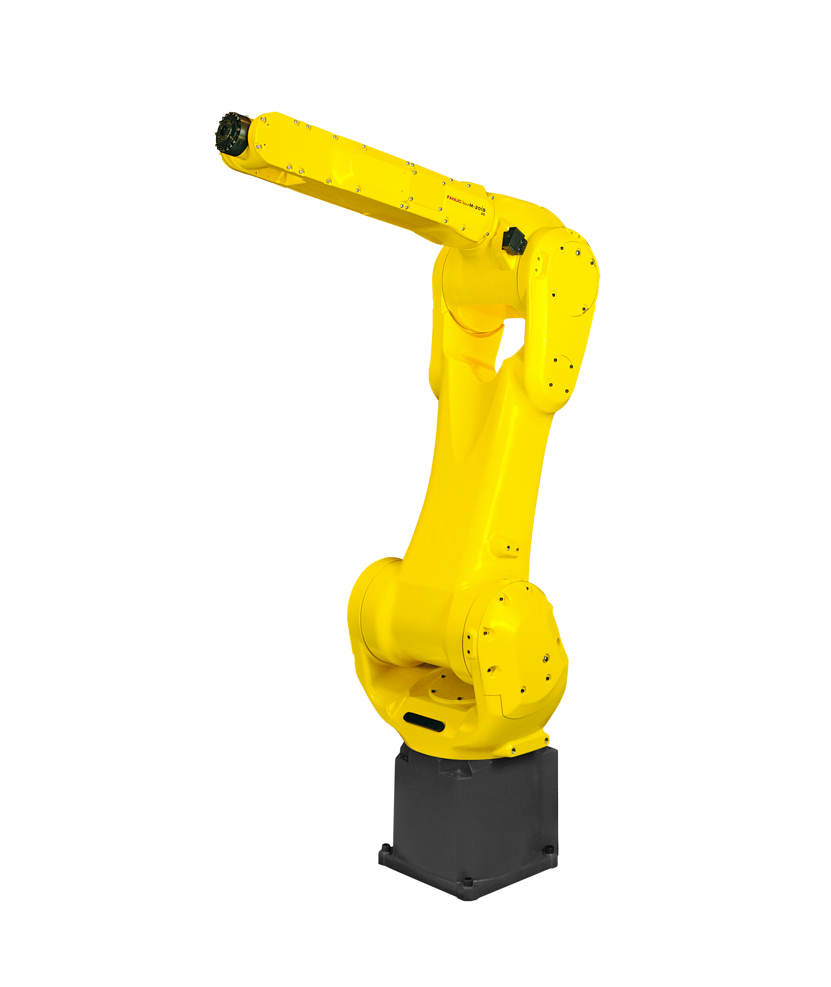 Yellow FANUC industrial M-20iB/25 robotic arm on a dark base, shown against a white background with its multi-jointed arm extended upward and to the left.