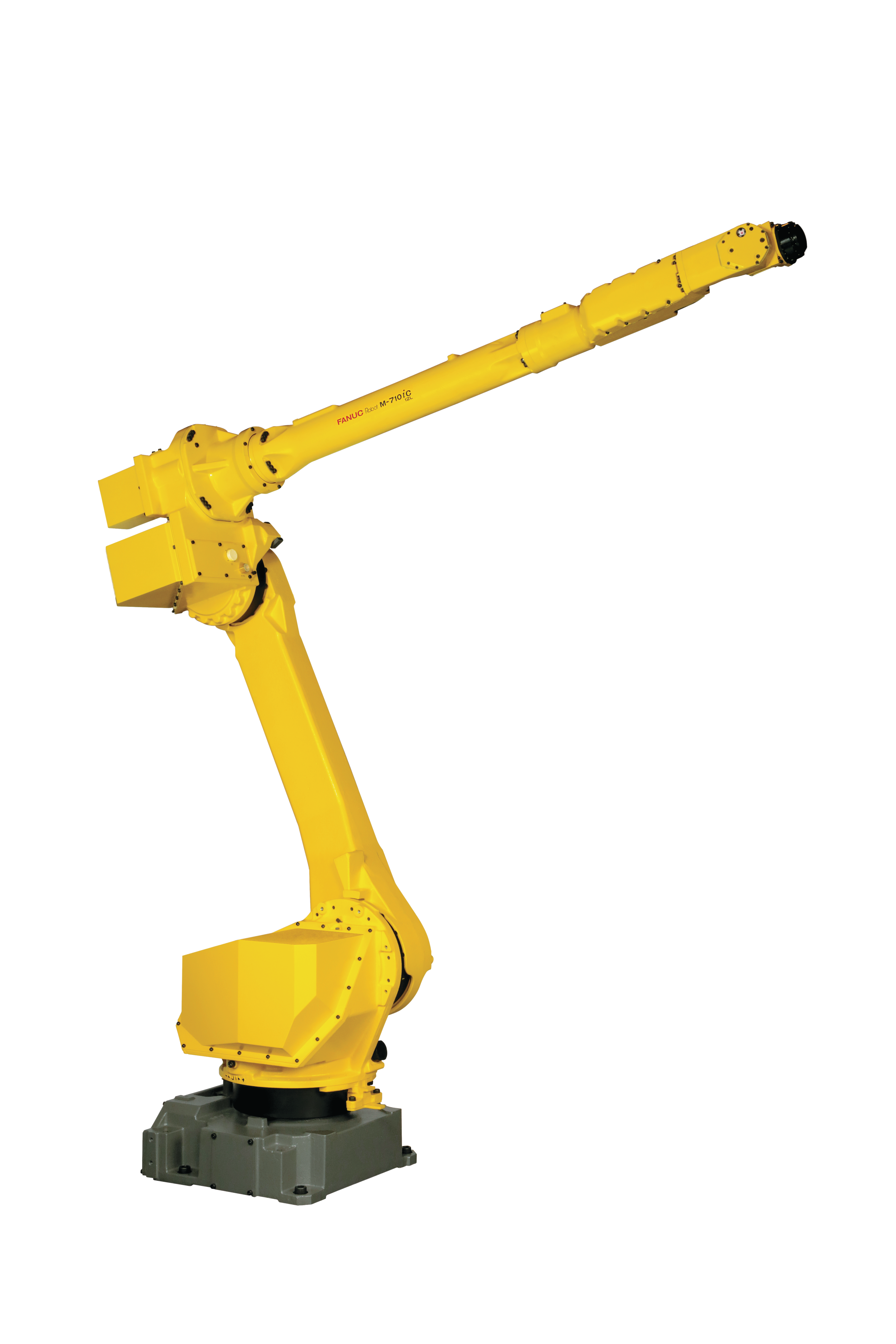 Yellow FANUC M-710iC industrial robotic arm on a gray base, shown against a white background with its long arm extended upward and to the right.