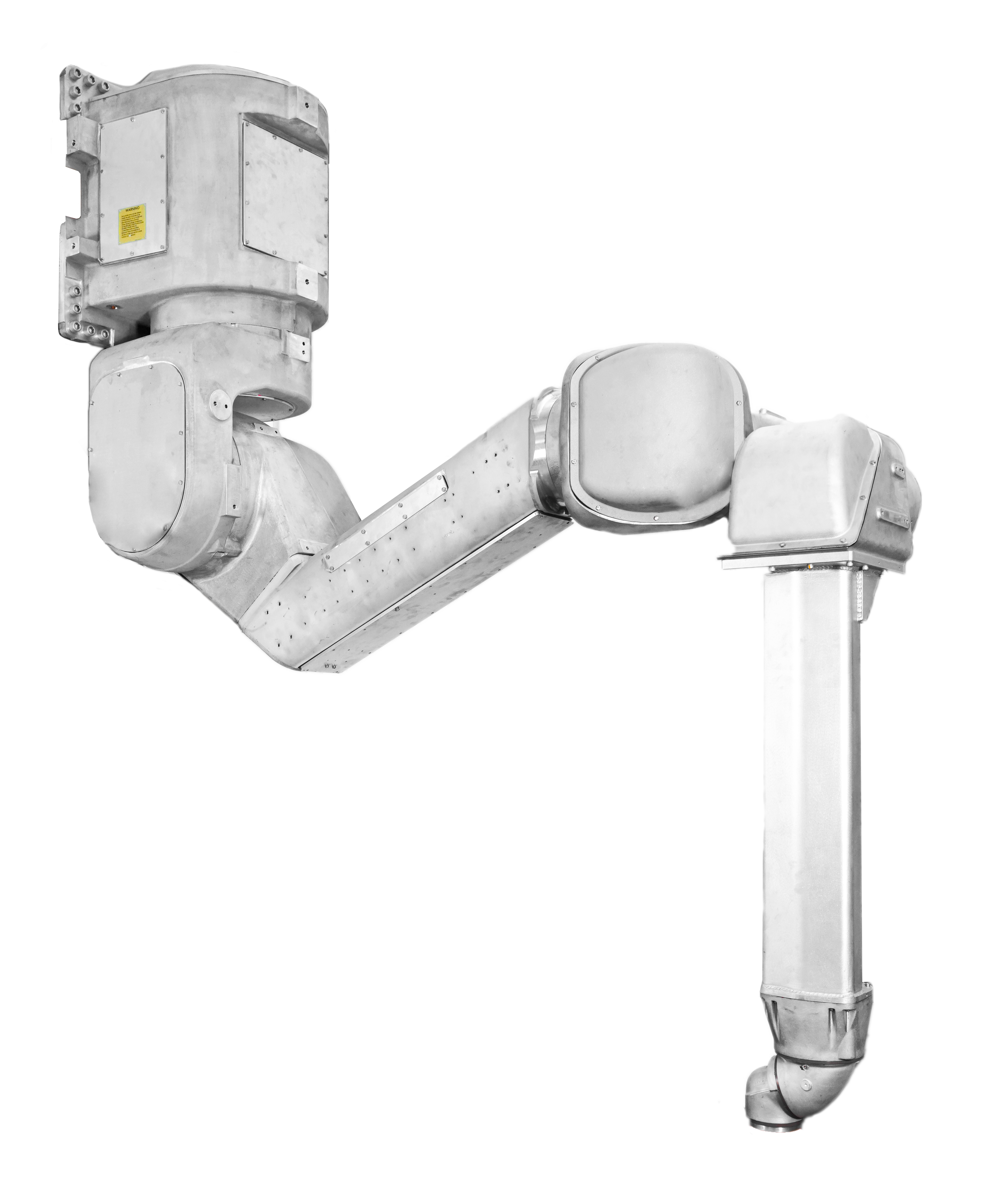 Stainless steel industrial P-1000iA robotic arm with a boxy top-mounted controller unit, bent through multiple joints into a zigzag shape, ending in a downward-angled segment.