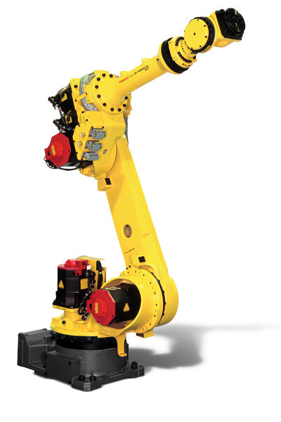 A yellow FANUC industrial R-1000iA/80H robotic arm with red safety warning labels and a dark gray base, shown in an upright, extended pose against a plain white background.
