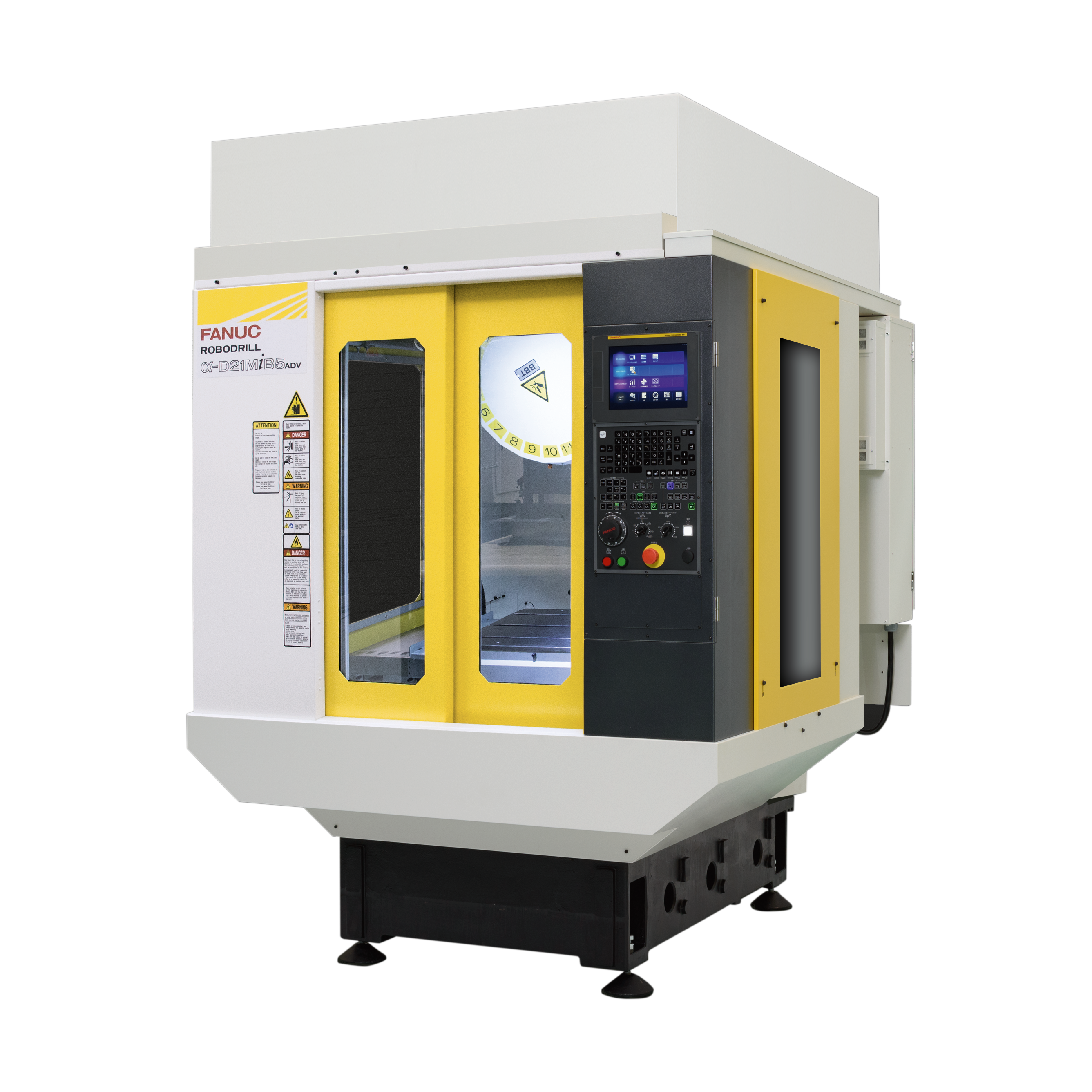 White, yellow, and dark gray FANUC ROBODRILL CNC machining center with sliding safety window, control panel with touchscreen, and warning labels on the side panel, shown on a black base.