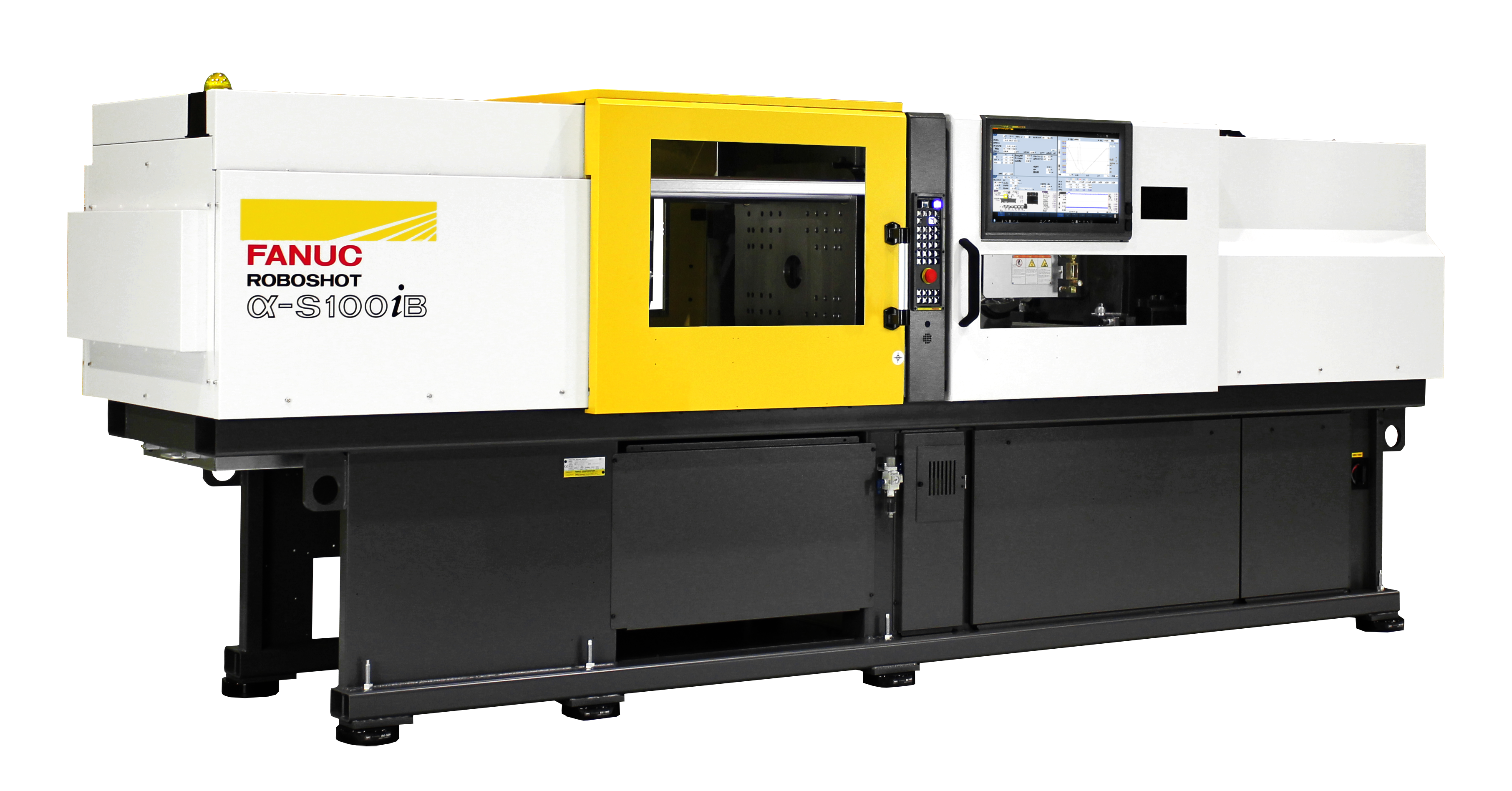 White, yellow, and black FANUC ROBOSHOT injection molding machine with a long horizontal frame, control screen, and dark gray base cabinet, shown against a white background.